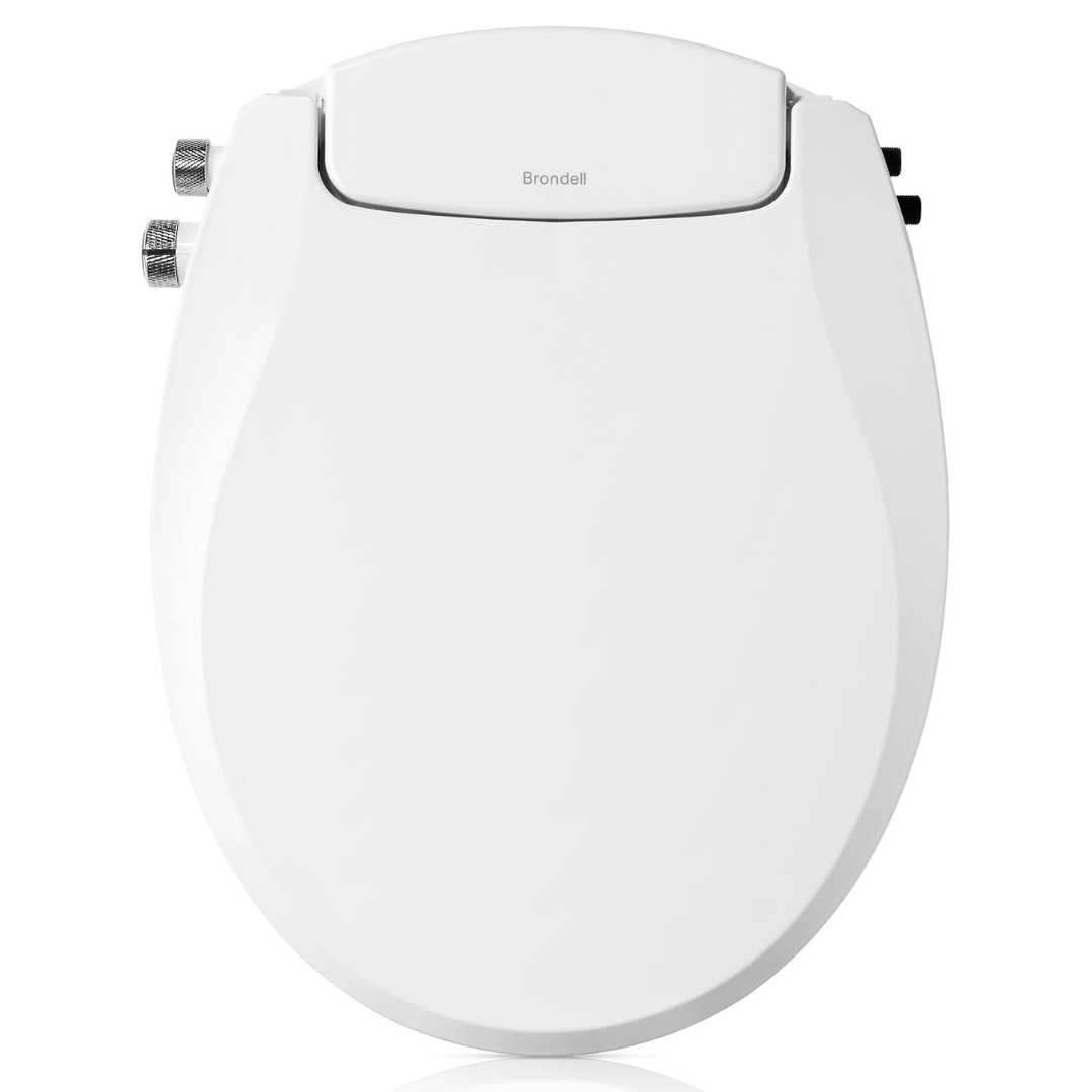 Dual temperature: warm or ambient water wash
Includes 81-inch hot water flex tubing for the optional warm connection
Dual nozzle system for rear and front wash
Gentle-closing seat with a sittable lid
Measures 18.47" x 14.25" x 2.55"
Textured chrome dial accent
No electricity or batteries required