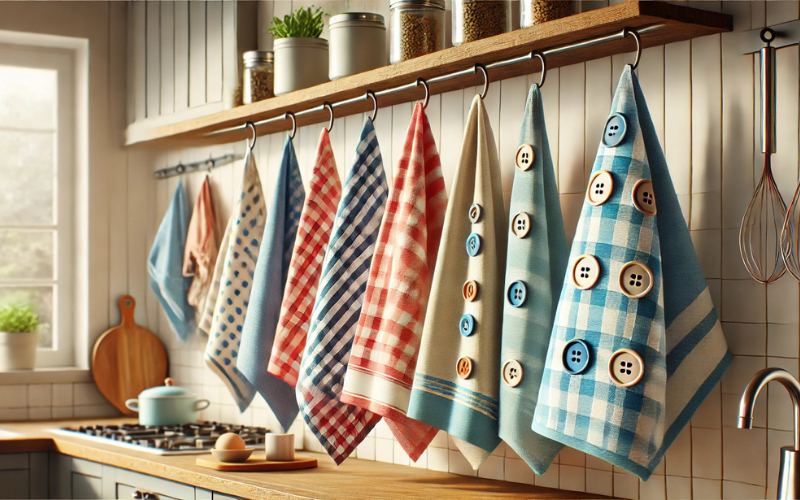 hanging kitchen towels with button pattern