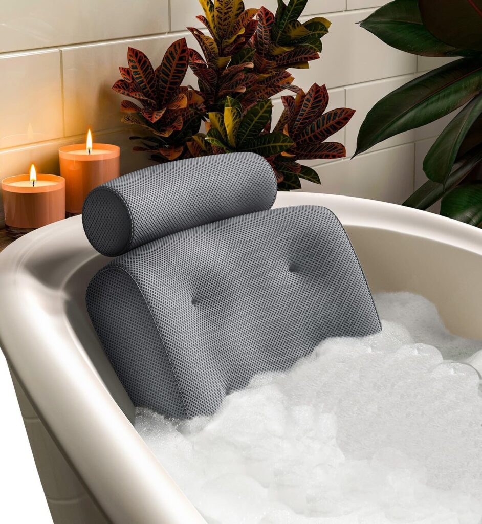 Everlasting Comfort luxury bath pillow with side pocket attached to a modern soaking tub
