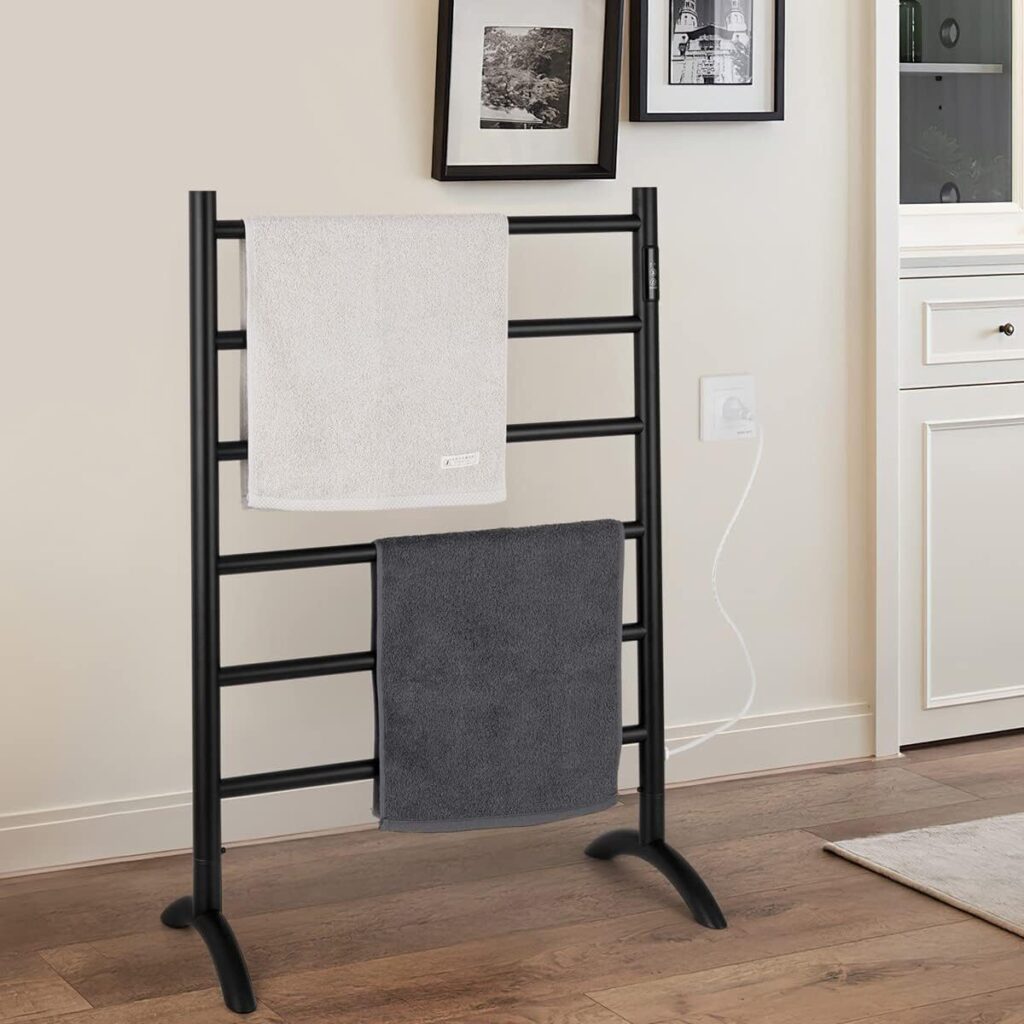 6-bar freestanding heated towel warmer with timer and warm white towels