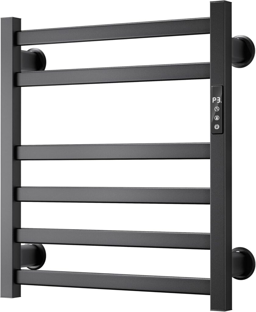 Smart digital heated towel rack with LED controls mounted in luxury bathroom