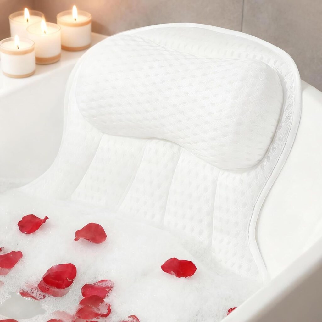 AmazeFan Luxury Bath Pillow with 4D air mesh and 6 suction cups installed on a straight back bathtub