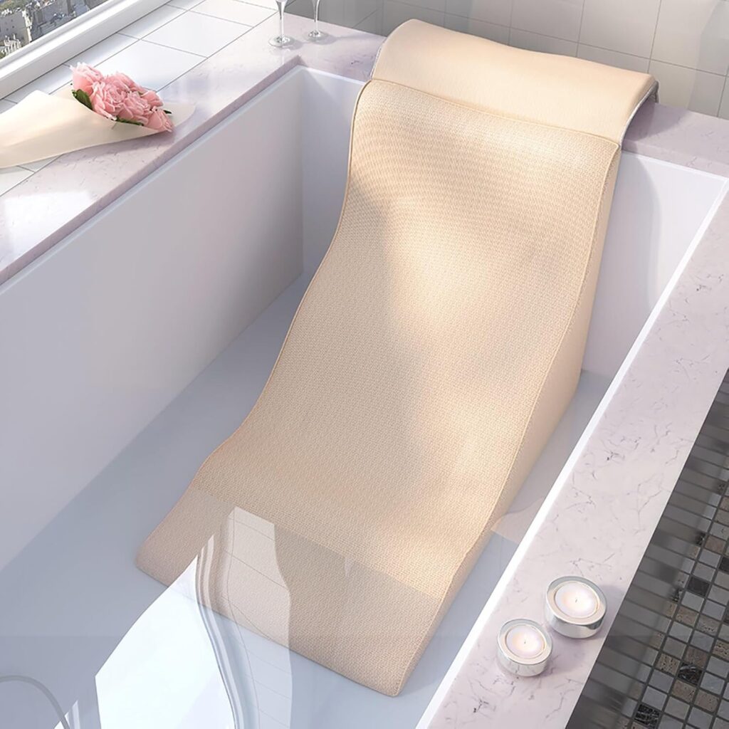 Ergonomic bathtub pillow with extended back support mounted on a flat wall bathtub