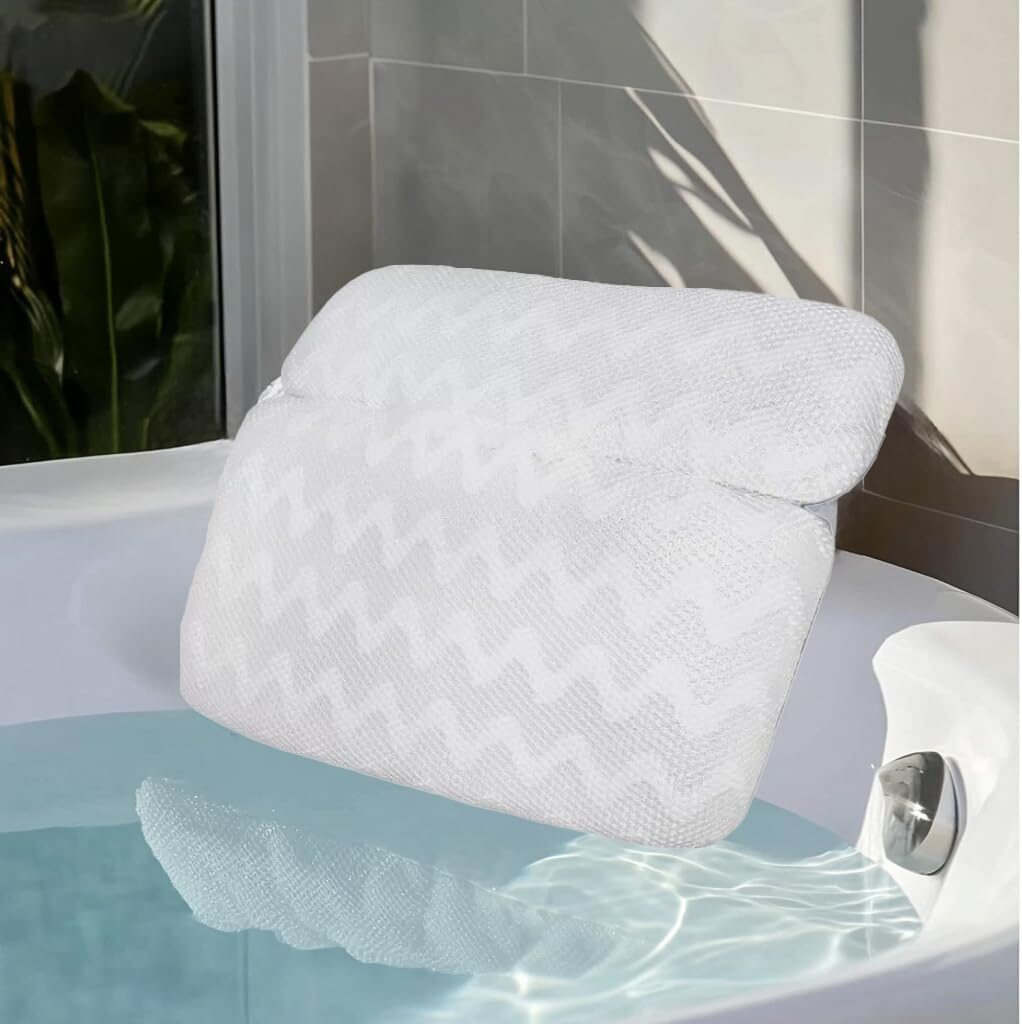 Luxury bath pillow with soft foam and 3D mesh fabric designed for sensitive skin users