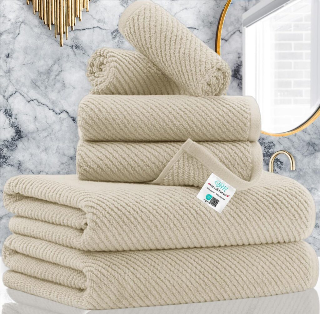VOOVA MOVAS 6 piece 100% cotton zero-twist towel set beige — best complete bathroom towel set for sensitive skin families